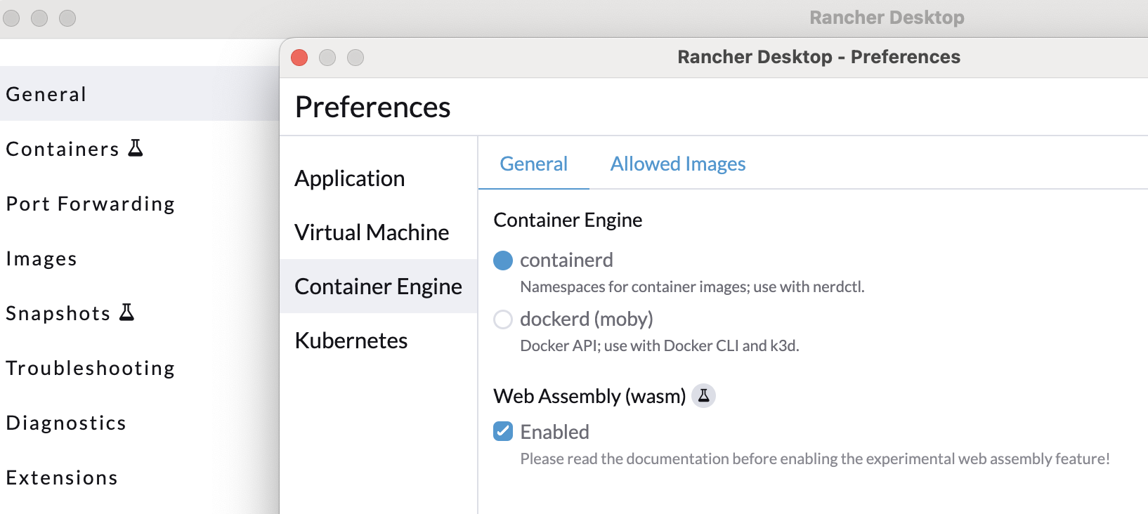 Rancher Desktop Preferences Wasm